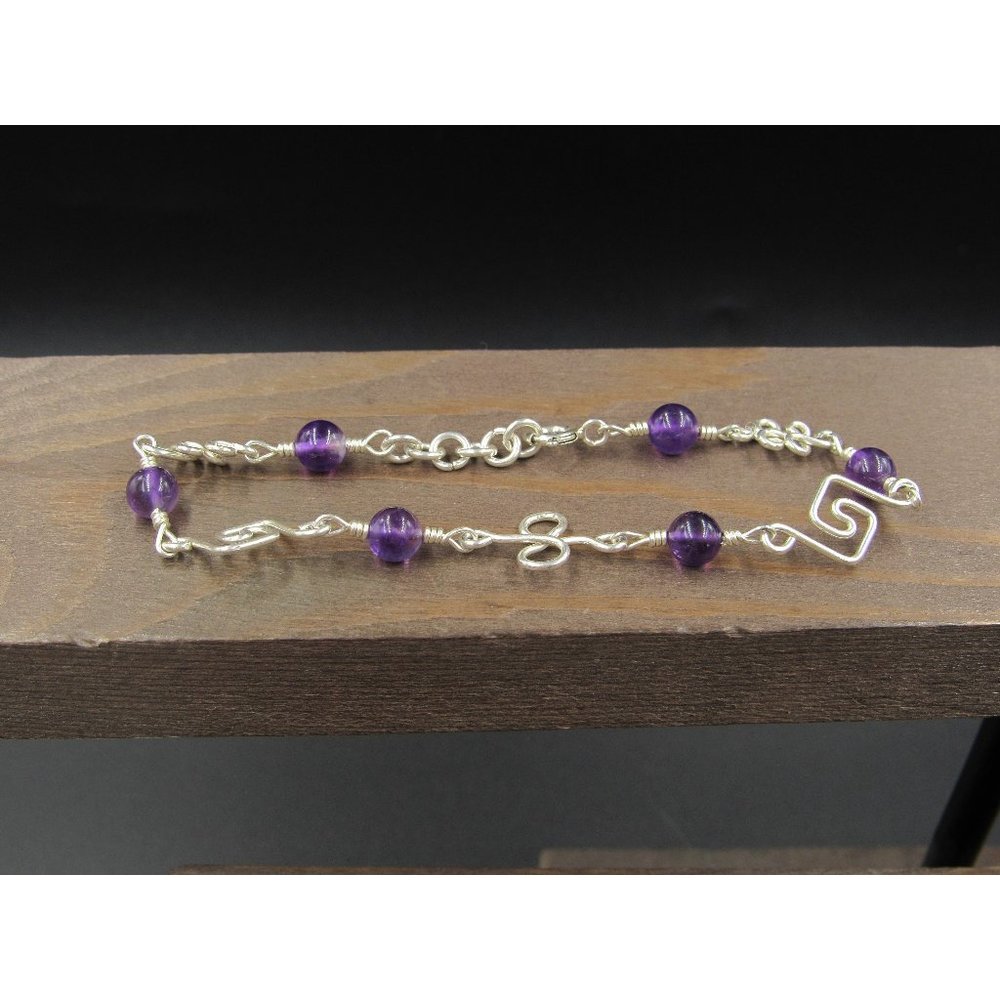 8" Sterling Silver Handmade Swirls Amethyst Stone Bracelet Vintage Elegant